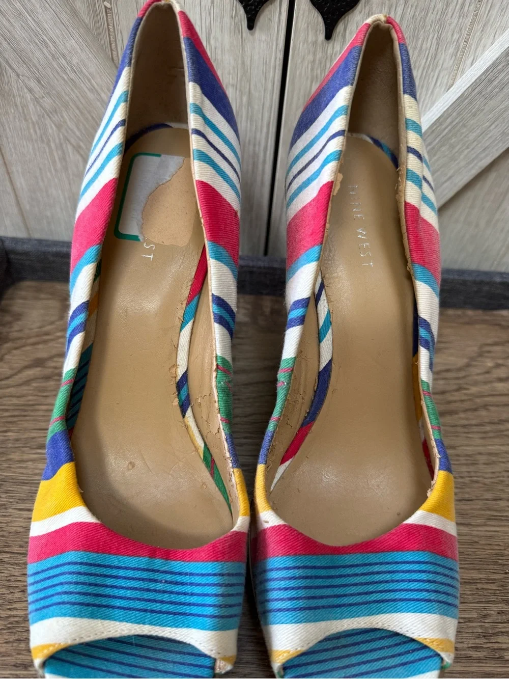 Nine West Multicolor Striped Peep-Toe Cork Platform Wedges (9.5)